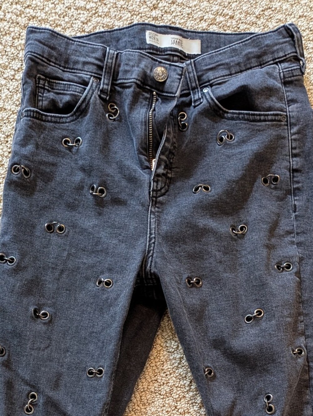 Top Shop Moto Jamie Black Punk Eyelet Jump Ring -Embellished Women's Jeans